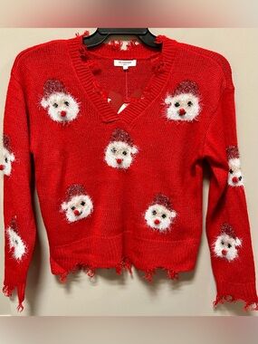 Red Holiday Fuzzy Snowman V-Neck Sweater No Comment Girls Sz 14 NWT